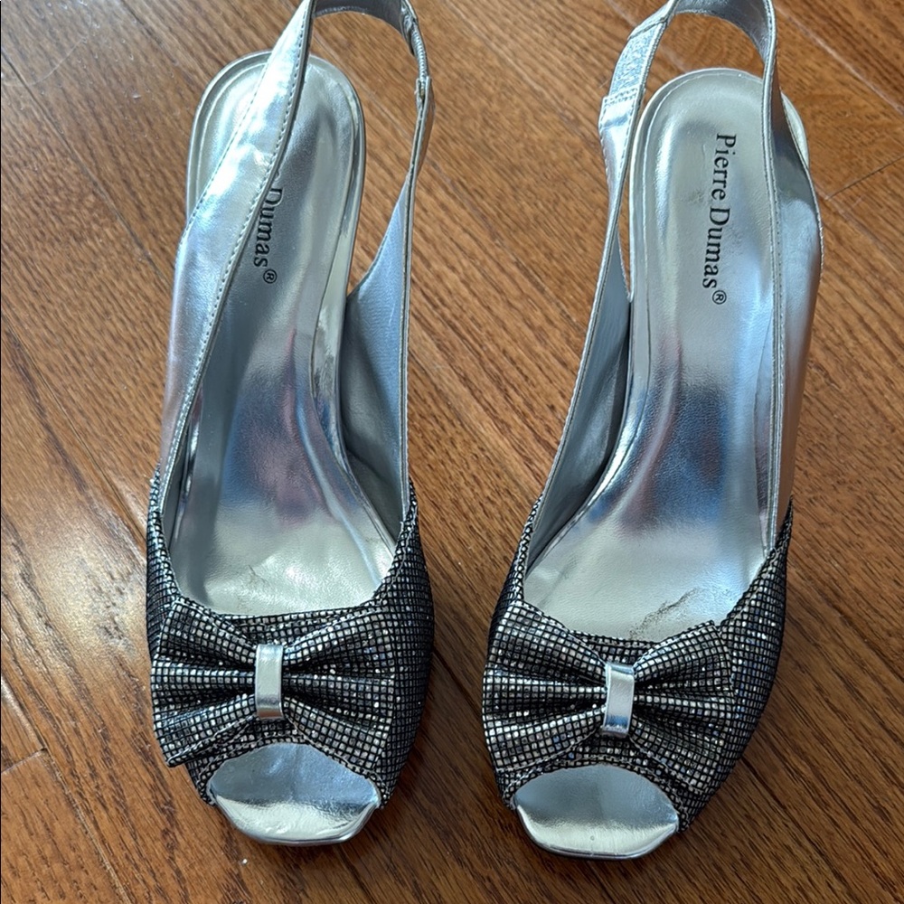Pierre Dumas Silver Peep Toe Slingback Heels